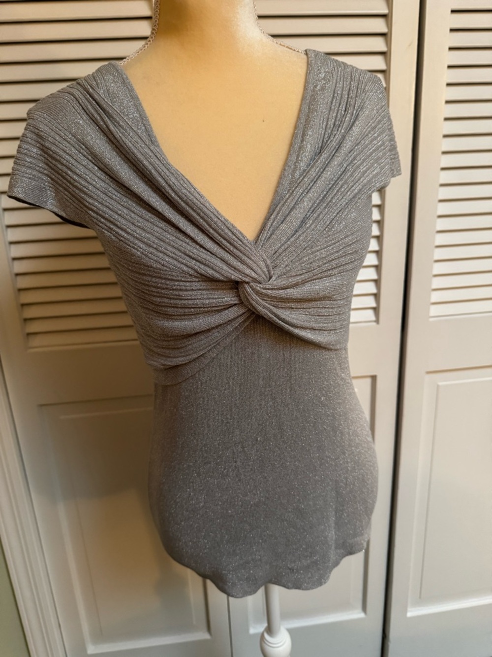 White House Black Market Silver Twist-Knot Shimmer Top